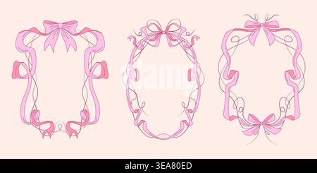 Whimsical pink ribbon frame with delicate bow and coquette accents, vintage vector borders isolated on background. Girly birthday invitation design, wedding cards elements with hand drawn pastel lines Stock Vector