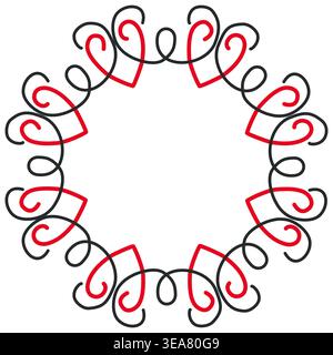Round frame of hearts and curls. Frame for the monogram. Black and red mandala tattoo design. Place for text Stock Vector