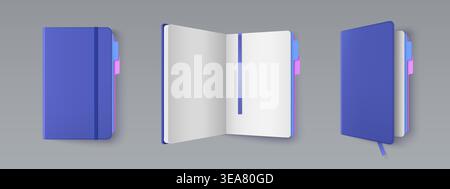 Realistic 3D notebook mockup with empty white pages, bookmark and blue cover. Vector realistic illustration of open and closed notepad template for corporate branding, office stationery design Stock Vector