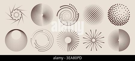 Circular pattern with halftone dots, radial energy waves, abstract vector icons isolated on background. Modern geometric design elements with spiral swirl effect, ripple gradient texture Stock Vector