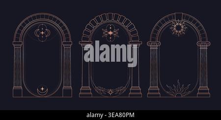 Celestial arch frames set with mystic moon, sun and stars on black background. Vector illustration of elegant golden boho borders with antique Greek pillars, esoteric and astrology cards design Stock Vector