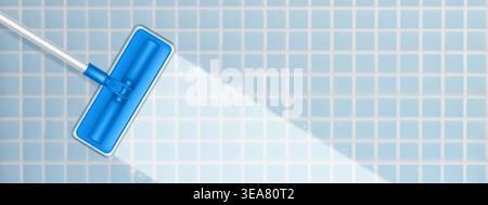 Tile floor sparkling after mopping with effective cleaner. Vector realistic illustration of mop washing bathroom or kitchen floor surface, modern home interior with spotless trace on glossy tiles Stock Vector