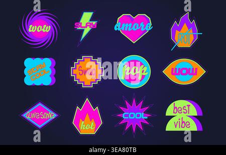 Cute y2k sticker collection with retro pop art vibes. Vector set of cool acid color star, fire, eye and lightning bolt shape icons with text, groovy 90s geometric patches for creative nostalgic design Stock Vector