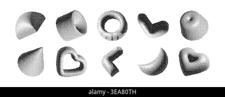 Y2k dithered geometric shapes set isolated on white background. Vector illustration of retro 3d cylinder, heart, circle, cone elements with soft shadows, trendy halftone dot models with raster effect Stock Vector