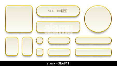 Set of elegant blank golden-bordered buttons and badges for UI design, featuring various shapes with glossy finish. Vector illustration. Stock Vector