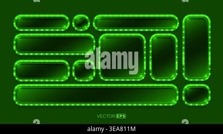 Set of green neon frame with glowing light bulbs. Modern electric billboard or signboard elements for your design. Vector illustration Stock Vector