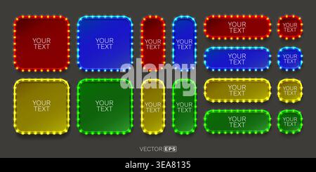 Retro cinema marquee light frames. Colorful glowing banners with light bulbs for text. Vector illustration Stock Vector