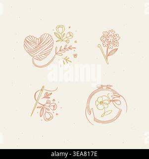 Knitting elements crochet heart, crafts embroidery, needle and thread drawing in floral art style on beige background. Stock Vector