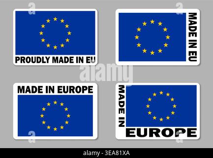 Made in Europe label sticker, vector set. Merchandise tag with European Union flag Stock Vector