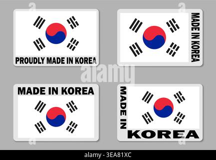 Made in Korea label sticker, vector set. Merchandise tag with South Korean flag Stock Vector