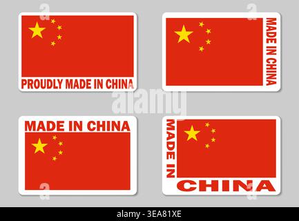 Made in China label sticker, vector set. Merchandise tag with Chinese flag Stock Vector