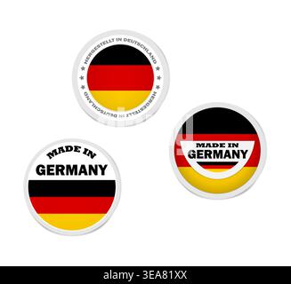Made in Germany round label sticker, vector set. Merchandise tag with German flag Stock Vector