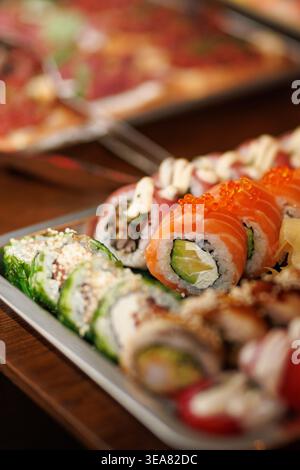 Close up of assorted sushi rolls with salmon and caviar Stock Photo