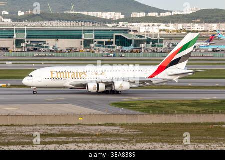 Emirates Airbus A380-861, registration A6-EOA, on the runway after landing at Incheon International Airport (ICN) in Seoul, South Korea. Stock Photo