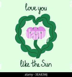 A I love you like the sun postcard with a funny purple flower with its leaves folded into a heart shape a spring greeting. Vector illustration Stock Vector