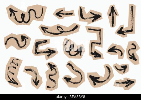Grunge Scrapbook Arrows Set. Hand drawn doodle collage arrows. Brush stroke rough arrows scribble stickers collection on brown paper. Paper cut vector Stock Vector