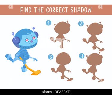 Find correct shadow educational game for kids with cute cartoon robot character. This logical vector puzzle is designed to improve children visual Stock Vector