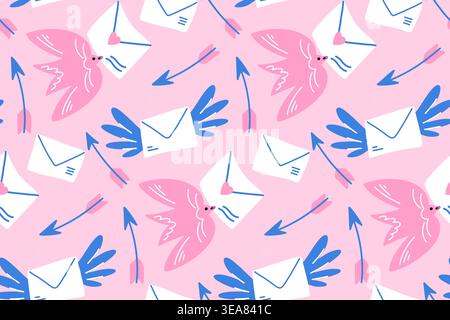 Romantic Pink Seamless Pattern with Birds, Love Letters and Arrows, Cute Valentine Background for Kids Textile and Wrapping Paper. Vector illustration Stock Vector