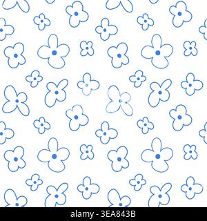 Simple seamless doodle flowers with blue outline on white, spring festive daisies for fabric and packaging. Vector illustration Stock Vector