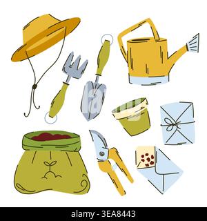 Gardening tool kit, Panama hat, bag of soil, seeds in a paper envelope, watering can, pruning shears, hoe, pruning shears. Vector illustration Stock Vector