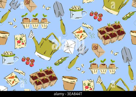 A seamless pattern with a gardening theme, featuring watering cans, seeds, scoops, and seedlings. Hand-Drawn Gardening Essentials and Seedlings Seamle Stock Vector