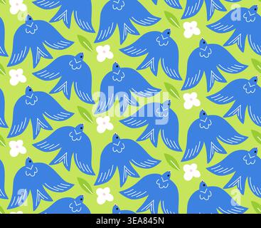 Bright Green Seamless Pattern with Blue Swallows and Small Flowers, Vibrant Spring Bird Background for Textile and Kids Decor. Vector illustration Stock Vector