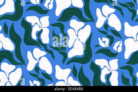 Floral stylized spring pattern with white buds and green leaves on a blue background. Vector illustration Stock Vector