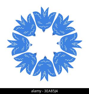 Circular Blue Swallow Wreath, Symmetrical Ornamental Bird Composition in Folk Style, Decorative Radial Arrangement Forming Elegant Spring Emblem Stock Vector