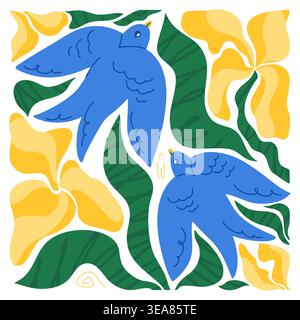 Cute Spring Illustration with Blue Birds and Yellow Flowers in Flat Style Stock Vector