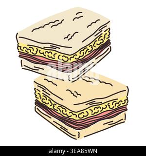 Argentine sandwich de miga with crustless white bread, mayonnaise, ham and cheese, street food Stock Vector