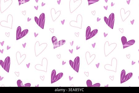 Romantic seamless pattern with hearts, for Valentine s Day, greetings, packaging, purple and pink hearts on white Stock Vector