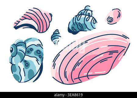 Set of shiny seashells in turquoise and pink, mussel shells, clams and hermit crabs on white, sea treasures for decoration Stock Vector