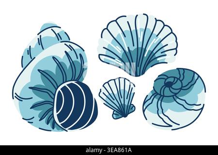 A set of flat and twisted gastropod and scallop shells in blue tones in a doodle style Stock Vector