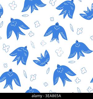 Light airy pattern with flying blue patterned birds among linear flowers in doodle style on a white background Stock Vector
