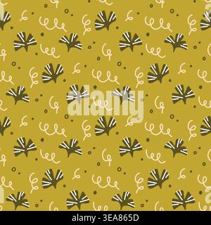 Seamless Floral Pattern with Abstract Leaves and Doodle Elements in Mustard Yellow, Modern Retro Background Stock Vector