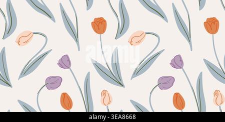 Seamless delicate pattern with blue tulips on a soft powder background, orange, purple and peach spring flowers Stock Vector