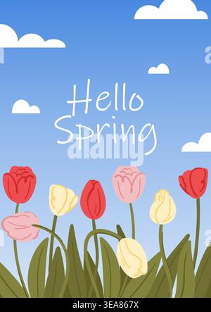 Hello spring postcard with a blue gradient sky, white clouds and a field of elegant tulips Stock Vector