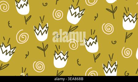 Seamless pattern with flowers in the shape of broken eggshells, sandalwood flowers in green and cream tones among abstract swirls Stock Vector