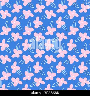 Soft Blue Seamless Pattern with Tiny Pink Blossoms, Delicate Spring Floral Repeat in Pastel Colors, Feminine Botanical Illustration with Small Flowers Stock Vector