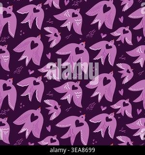 Seamless Purple Swallow Pattern with Flying Spring Birds, Decorative Floral Background for Kids Fabric, Wallpaper and Textile Design Stock Vector