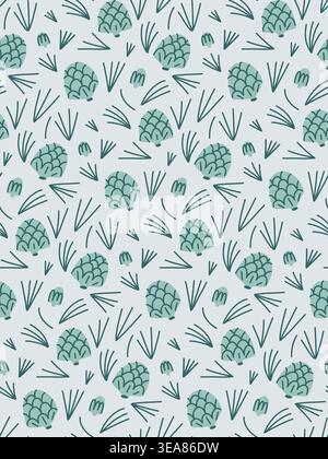 A seamless pattern with stylized pine cones and needles of coniferous trees, in a subdued green palette, for aromatherapy oils and backgrounds. Stock Vector