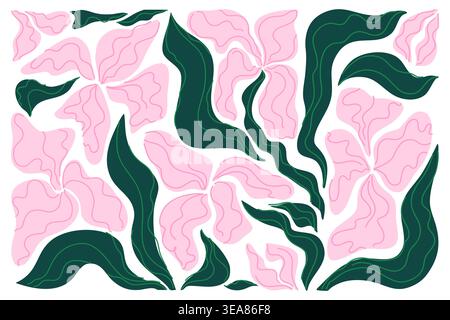 Bold Pink Floral Pattern with Dark Green Leaves, Modern Decorative Botanical Background for Textile and Wallpaper Stock Vector