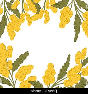 Easter frame for decoration and congratulations with branches of yellow mimosa Stock Vector