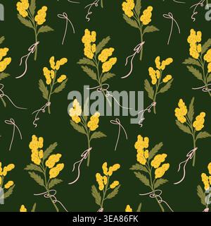 Seamless Yellow Wildflower Pattern on Dark Green, Elegant Botanical Floral Repeat with Meadow Flowers in Vintage Cottage Garden Style Stock Vector