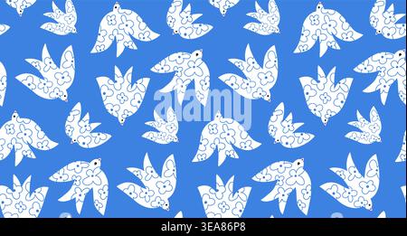 Seamless spring pattern with bird shapes filled with line doodle flowers on a blue background, a delicate natural combination for fabric, packaging Stock Vector