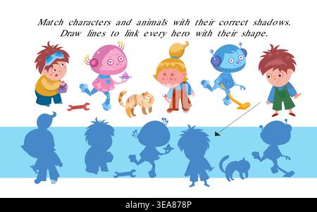 Match characters and animals with their correct shadows. Draw lines to link every hero with their shape in this fun educational game. Colorful vector Stock Vector