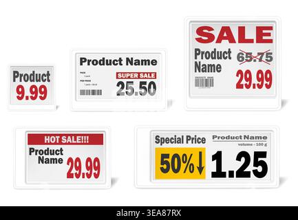 Electronic shelf label set, realistic vector mockup. Different-sized white e-paper displays for retail store price tags, template. Information monitor Stock Vector