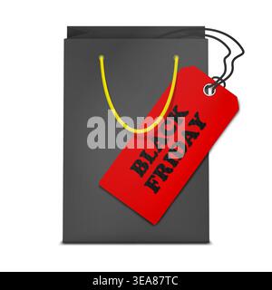 Black paper shopping bag with big red label tag isolated on white background, vector illustration. Black Friday sale concept Stock Vector