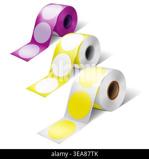 Round label sticker roll vector mockup. Blank adhesive labels on bobbin mock-up. Color set. Easy to recolor Stock Vector