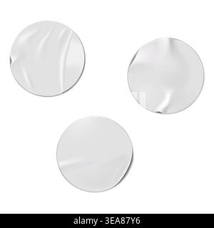 Round blank white crumpled paper or plastic sticker realistic vector mock-up set. Wrinkled adhesive circle label mockup Stock Vector